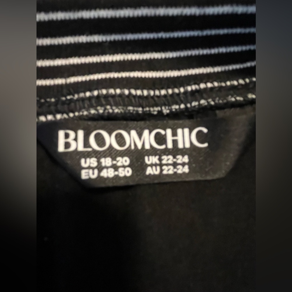 BloomChic Black Tunic Top w/ Camo Raglan Sleeves & Striped Ruffle Hem - Picture 7 of 9
